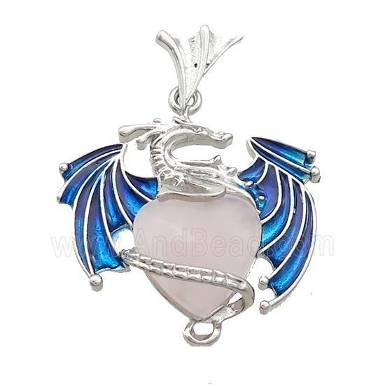Alloy Dragon Pendant Pave Rose Quartz Heart Blue Enamel Platinum Plated