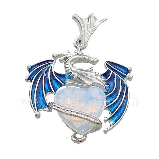 Alloy Dragon Pendant Pave White Opalite Heart Blue Enamel Platinum Plated