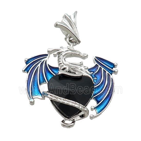 Alloy Dragon Pendant Pave Black Onyx Heart Blue Enamel Platinum Plated
