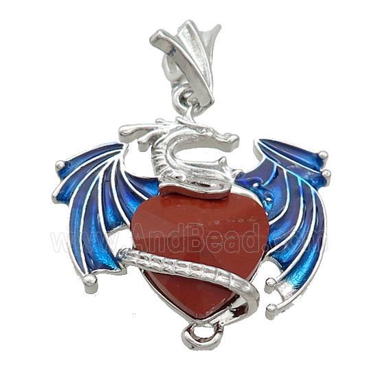 Alloy Dragon Pendant Pave Red Jasper Heart Blue Enamel Platinum Plated