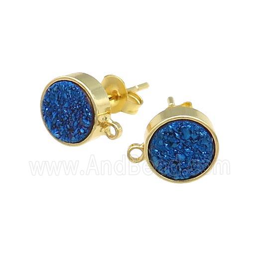 Blue Druzy Quartz Stud Earrings Gold Plated