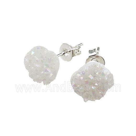 White AB-Color Druzy Quartz Stud Earrings Platinum Plated