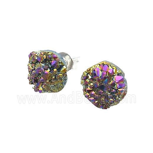 Rainbow Druzy Quartz Stud Earrings Platinum Plated