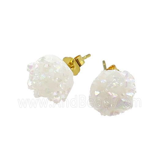 White AB-Color Druzy Quartz Stud Earrings Gold Plated