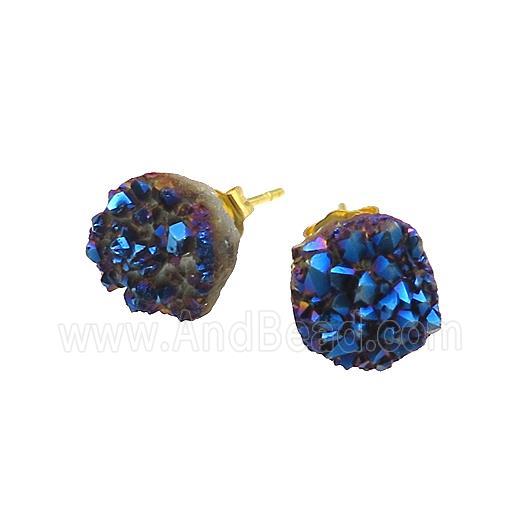 Blue Druzy Quartz Stud Earrings Gold Plated