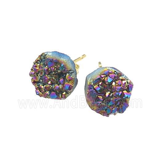 Rainbow Druzy Quartz Stud Earrings Gold Plated
