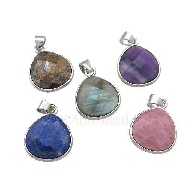 Mixed Natural Gemstone Teardrop Pendant Platinum Plated