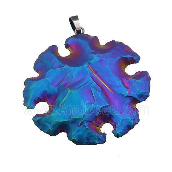 Natural Rock Agate Pendant Hot Wheels Snowflake Hammered Multicolor Electroplated