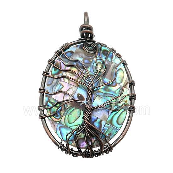 Abalone Shell Oval Pendant Tree Of Life Copper Wire Wrapped Antique Red