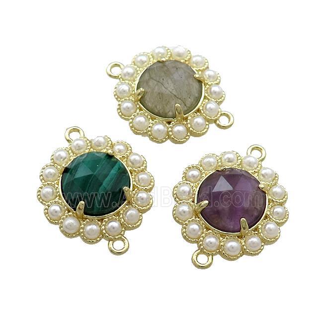 Copper Circle Connector Pave Gemstone Pearlized Resin Gold Plated Mixed