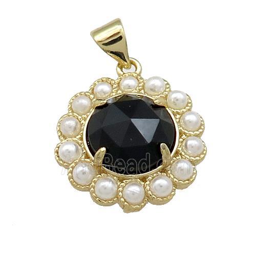 Copper Circle Pendant Pave Black Onyx Pearlized Resin Gold Plated