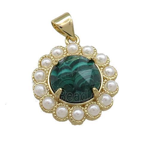 Copper Circle Pendant Pave Green Malachite Pearlized Resin Gold Plated