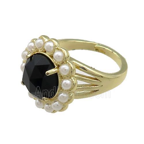 Copper Circle Rings Pave Black Onyx Pearlized Resin Adjustable Gold Plated