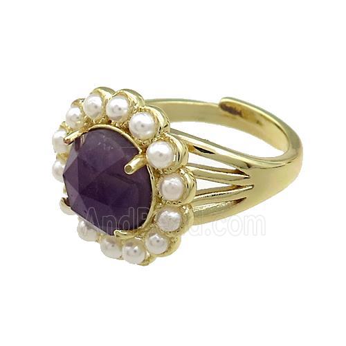 Copper Circle Rings Pave Amethyst Pearlized Resin Adjustable Gold Plated