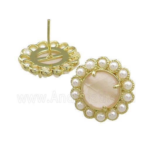 Copper Circle Stud Earrings Pave Rose Quartz Pearlized Resin Gold Plated