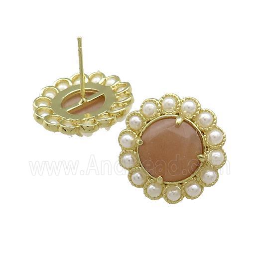 Copper Circle Stud Earrings Pave Peach Sunstone Pearlized Resin Gold Plated
