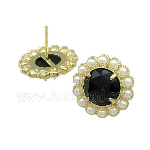 Copper Circle Stud Earrings Pave Black Onyx Pearlized Resin Gold Plated