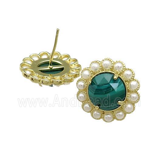Copper Circle Stud Earrings Pave Green Malachite Pearlized Resin Gold Plated