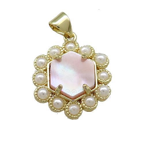 Copper Hexagon Pendant Pave Pink Queen Shell Pearlized Resin Gold Plated
