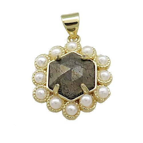 Copper Hexagon Pendant Pave Pyrite Pearlized Resin Gold Plated