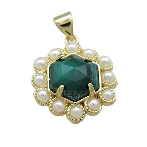 Copper Hexagon Pendant Pave Malachite Pearlized Resin Gold Plated