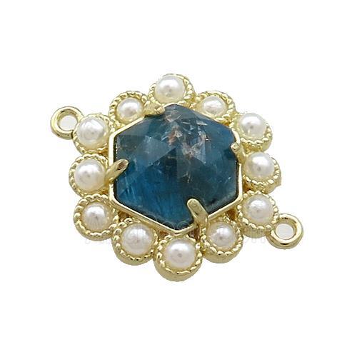 Copper Hexagon Connector Pave Blue Apatite Pearlized Resin Gold Plated