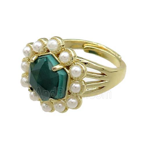 Copper Hexagon Rings Pave Malachite Pearlized Resin Adjustable Gold Plated
