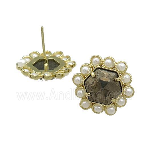 Copper Hexagon Stud Earrings Pave Pyrite Pearlized Resin Gold Plated