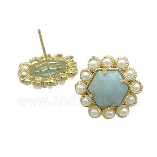 Copper Hexagon Stud Earrings Pave Blue Amazonite Pearlized Resin Gold Plated