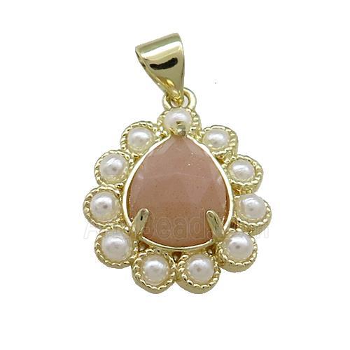 Copper Teardrop Pendant Pave Peach Sunstone Pearlized Resin Gold Plated