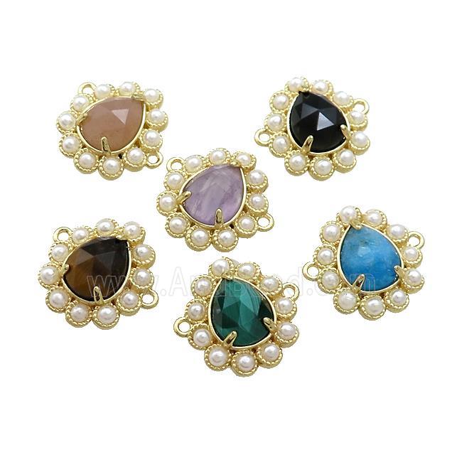 Copper Teardrop Connector Pave Gemstone Pearlized Resin Gold Plated Mixed