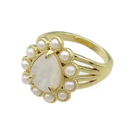 Copper Teardrop Rings Pave White Shell Pearlized Resin Adjustable Gold Plated
