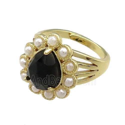 Copper Teardrop Rings Pave Onyx Pearlized Resin Adjustable Gold Plated