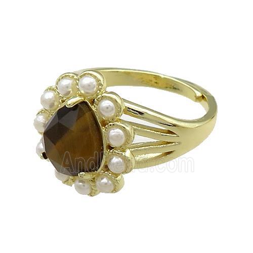 Copper Teardrop Rings Pave Tiger Eye Stone Pearlized Resin Adjustable Gold Plated