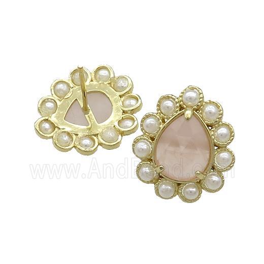 Copper Teardrop Stud Earrings Pave Rose Quartz Pearlized Resin Gold Plated