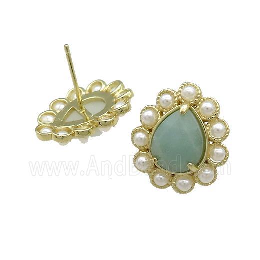 Copper Teardrop Stud Earrings Pave Blue Amazonite Pearlized Resin Gold Plated