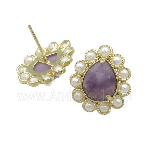 Copper Teardrop Stud Earrings Pave Purple Amethyst Pearlized Resin Gold Plated