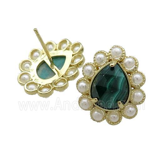 Copper Teardrop Stud Earrings Pave Green Malachite Pearlized Resin Gold Plated