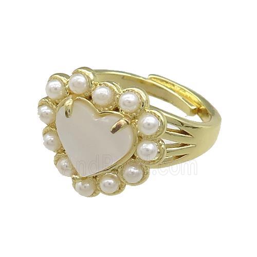 Copper Heart Rings Pave White Shell Pearlized Resin Adjustable Gold Plated