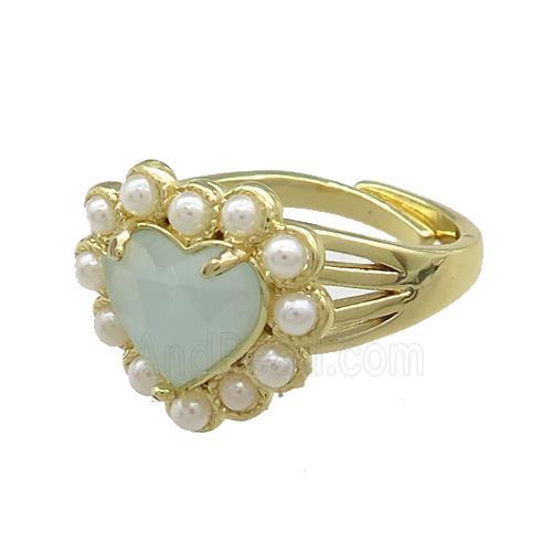 Copper Heart Rings Pave Amazonite Pearlized Resin Adjustable Gold Plated