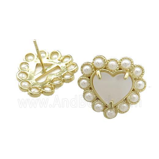 Copper Heart Stud Earring Pave White Shell Pearlized Resin Gold Plated
