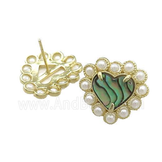 Copper Heart Stud Earring Pave Abalone Shell Pearlized Resin Gold Plated