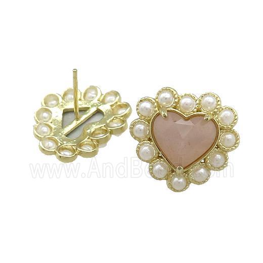 Copper Heart Stud Earring Pave Peach Sunstone Pearlized Resin Gold Plated