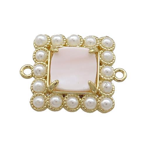 Copper Square Connector Pave Pink Queen Shell Pearlized Resin Gold Plated