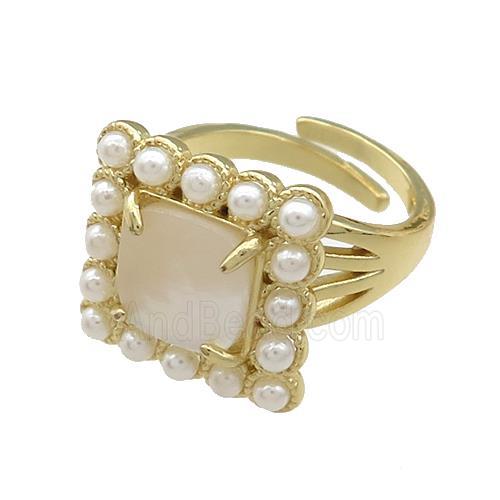 Copper Rings Pave White Shell Pearlized Resin Square Adjustable Gold Plated