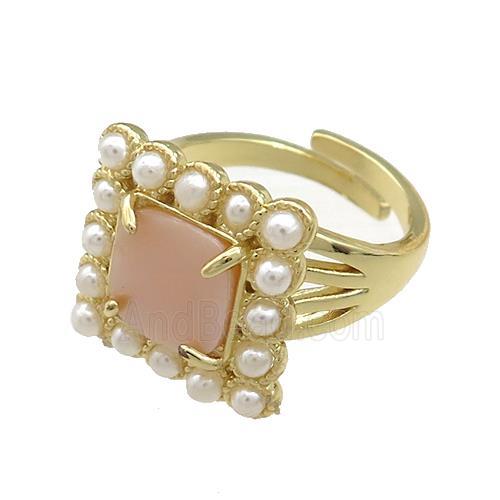 Copper Rings Pave Pink Queen Shell Pearlized Resin Square Adjustable Gold Plated