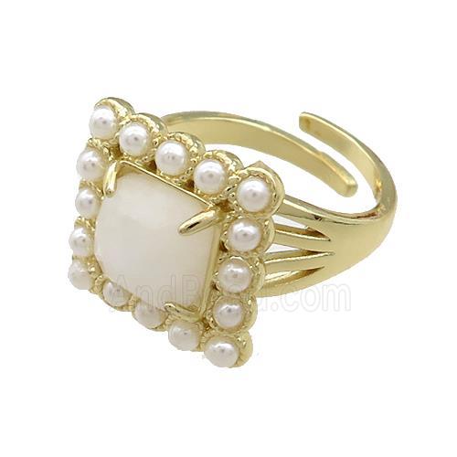 Copper Rings Pave White Moonstone Pearlized Resin Square Adjustable Gold Plated