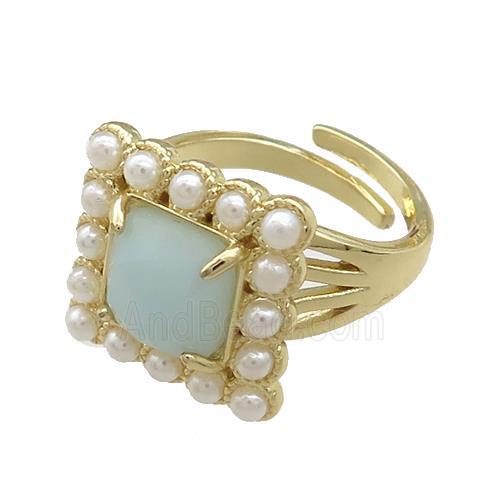 Copper Rings Pave Amazonite Pearlized Resin Square Adjustable Gold Plated