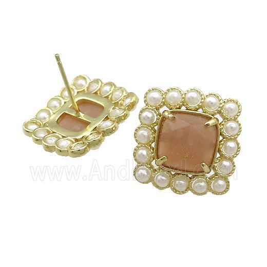 Copper Stud Earrings Pave Peach Sunstone Pearlized Resin Square Gold Plated