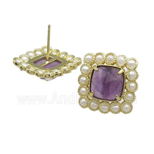 Copper Stud Earrings Pave Amethyst Pearlized Resin Square Gold Plated